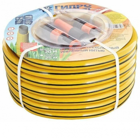 Шланг Гидроагрегат ПВХ-арм D20, 3/4", 20м, Усил. с фитингом, Жел.чер.пол. (бухта)